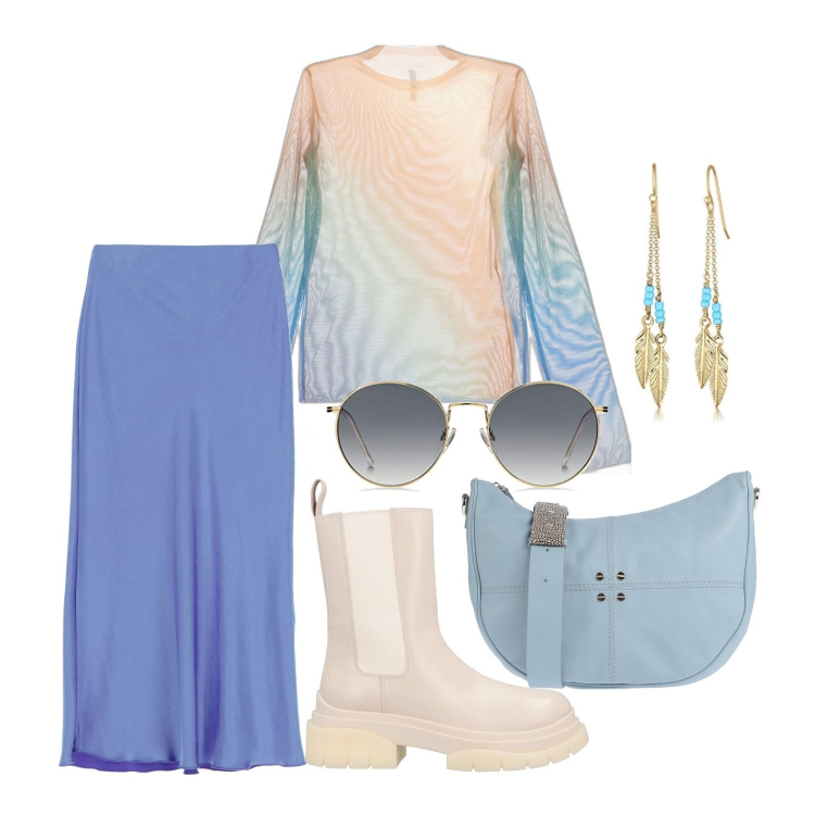 Outfit donna - Rainbow style. Stile Trendy per Tutti i giorni. Abbinamento con stivaletti, borse a spalla, maglieria, gonne longuette, occhiali da sole, orecchini.