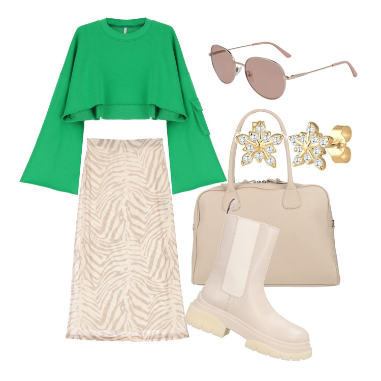 Outfit donna - Sempre disinvolta. Stile Trendy per Tutti i giorni. Abbinamento con stivaletti, borse a mano, gonne longuette, maglieria, orecchini, occhiali da sole.