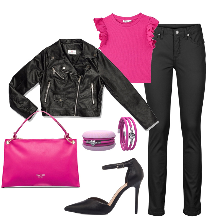 Outfit donna - In città. Stile Urban per Tutti i giorni. Abbinamento con jeans skinny, t-shirt, braccialetti, décolleté, borse a mano, cappotti.