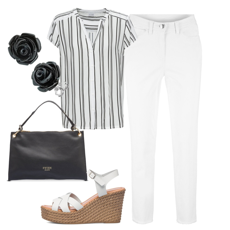 Outfit donna - In città. Stile Basic per Tutti i giorni. Abbinamento con camicie a manica corta, pantaloni capri, sandali in pelle, borse a mano, orecchini.