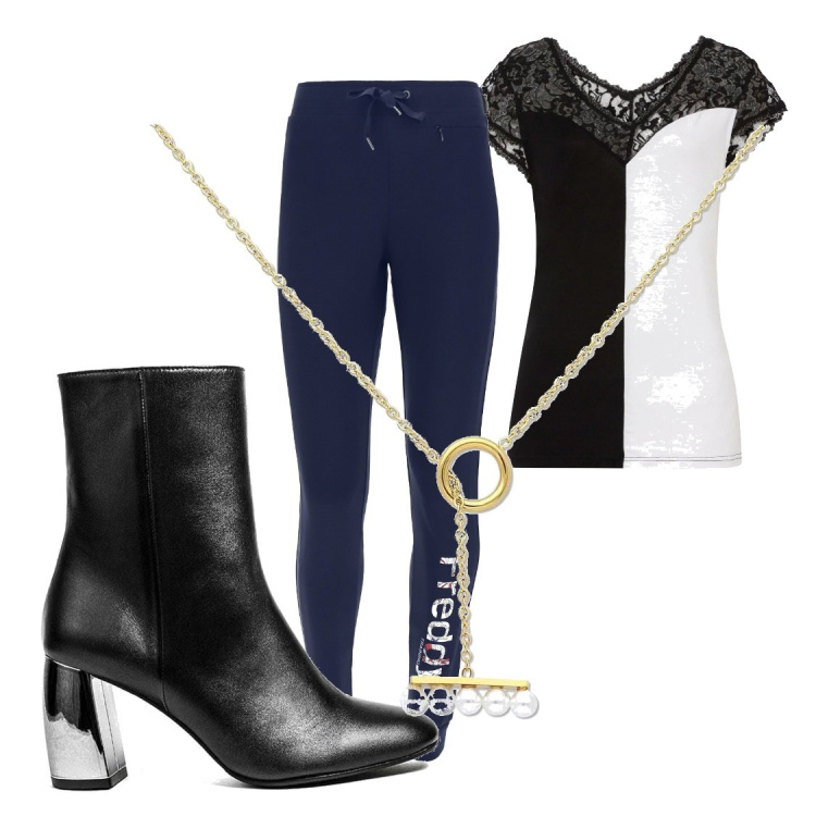 Outfit donna - Double face. Stile Casual per Tutti i giorni. Abbinamento con maglieria, collane, stivaletti, pantaloni.
