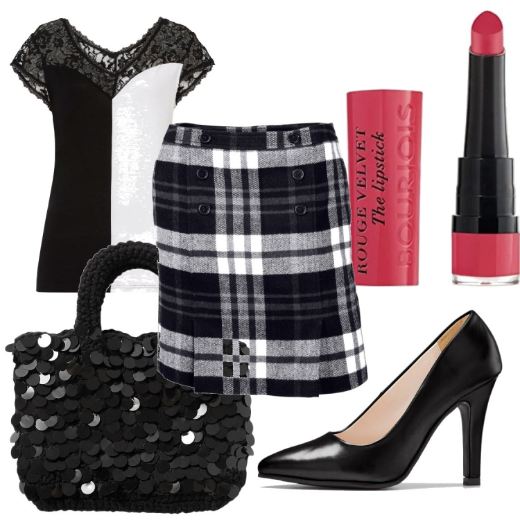 Outfit donna - La lady in bianco e nero. Stile Casual per Tutti i giorni. Abbinamento con décolleté, minigonne, maglieria, borse a mano, rossetti.