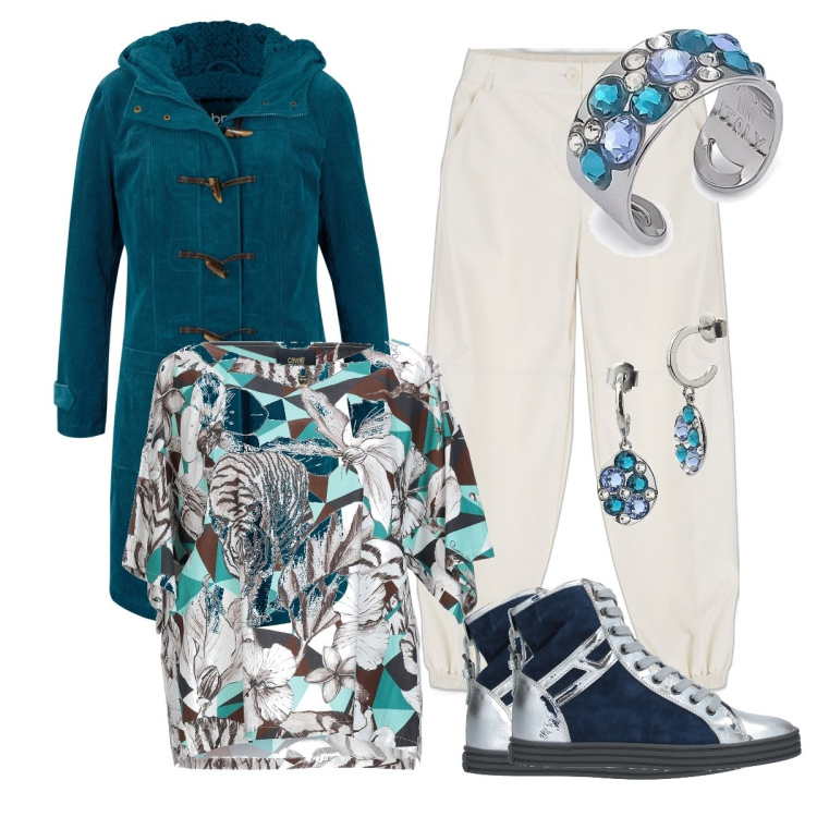 Outfit donna - Ottanio. Stile Casual chic per Tutti i giorni. look ideale per Tall. Abbinamento con montgomery, bluse, sneakers alte, orecchini, anelli, pantaloni.