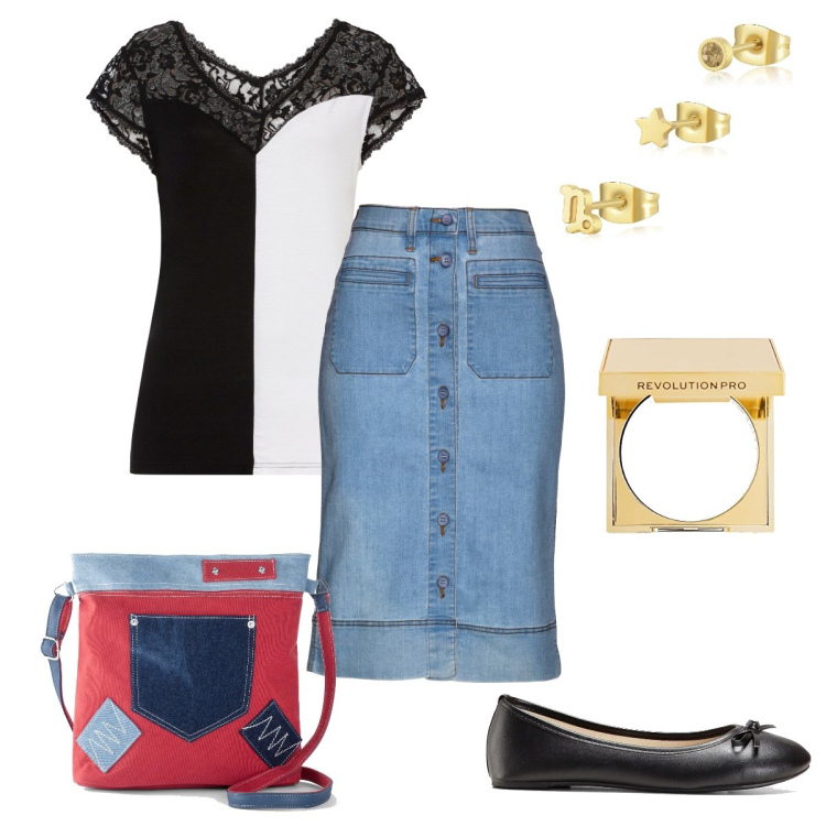 Outfit donna - La maglia con pizzo. Stile Casual chic per Tutti i giorni. Abbinamento con gonne, ballerine, maglieria, borse a tracolla, orecchini, ciprie.