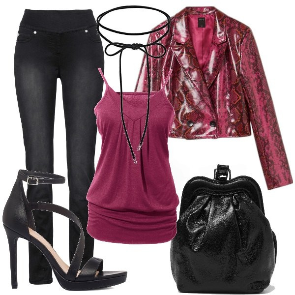 Outfit donna - Aperitivo trendy e low cost. Stile Trendy per Serata fuori. Abbinamento con top, jeans dritti, pochette, blazer, sandali in pelle, collane.