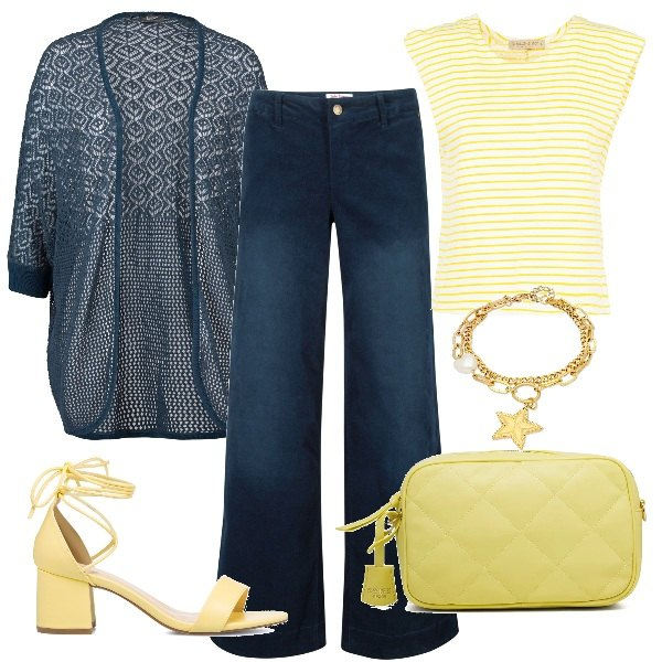 Outfit donna - Il tocco giallo. Stile Casual per Tutti i giorni. Abbinamento con pantaloni, cardigans, braccialetti, maglieria, borse a tracolla, sandali alla schiava.