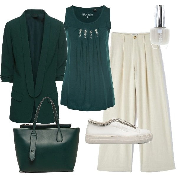 Outfit donna - Green utopia. Stile Casual chic per Ufficio. Abbinamento con blazer, top, pantaloni, sneakers, borse a spalla, smalti.