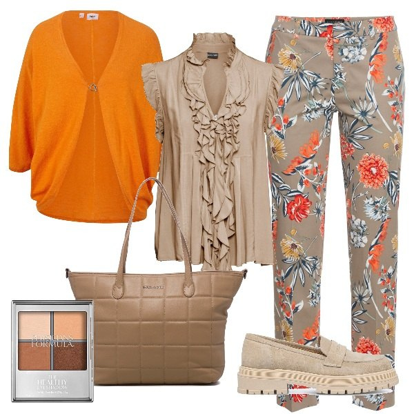 Outfit donna - Primavera colorata. Stile Casual per Ufficio. Abbinamento con pantaloni, maglieria, cardigans, mocassini, borse a spalla, ombretti.