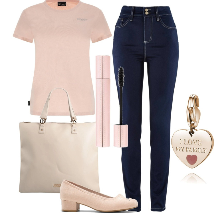 Outfit donna - Basic #5980. Stile Basic per Tutti i giorni. Abbinamento con décolleté, jeans slim fit, borse a mano, ciondoli, t-shirt, mascara.