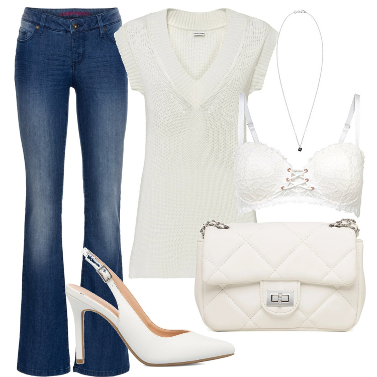 Outfit donna - Una curvy super trendy. Stile Trendy per Serata fuori. Abbinamento con jeans bootcut, gilet, reggiseni a balconcino, décolleté, borse a tracolla, collane.