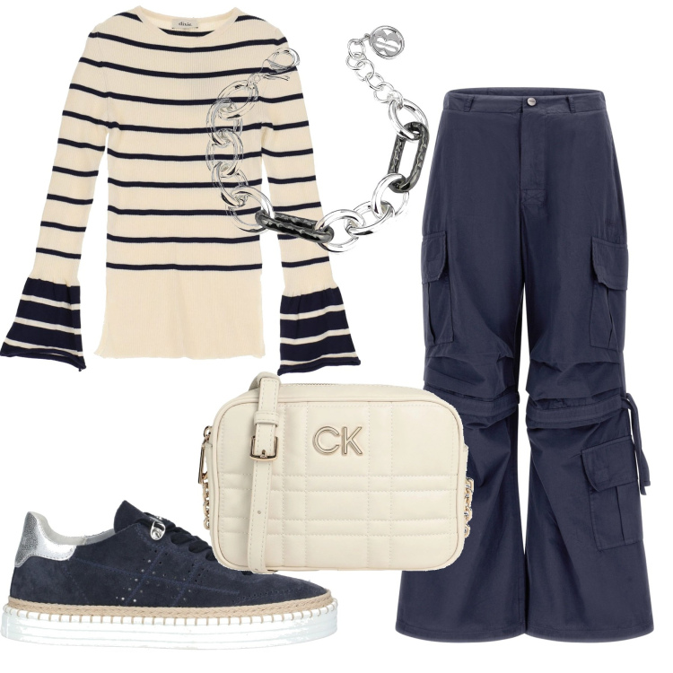 Outfit donna - Linee e cargo sporty. Stile Basic per Tutti i giorni. Abbinamento con sneakers, borse a tracolla, braccialetti, pantaloni cargo, maglieria.