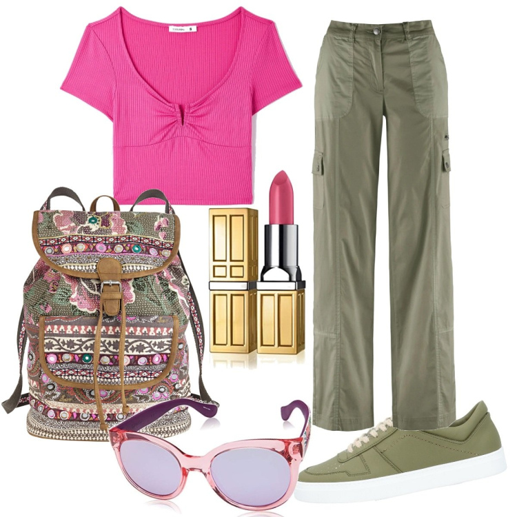 Outfit donna - Total look #1590168. Stile Casual per Tutti i giorni. Abbinamento con pantaloni cargo, zaini, sneakers, t-shirt, occhiali da sole, rossetti.