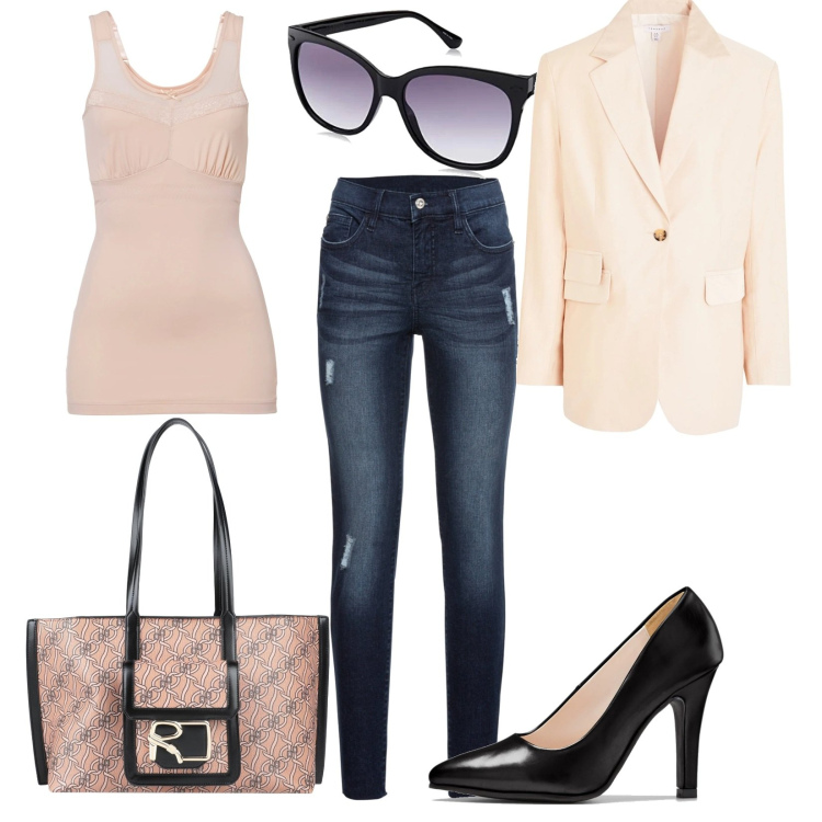 Outfit donna - Total look #1590183. Stile Casual chic per Ufficio. Abbinamento con jeans strappati, top, décolleté, borse a spalla, blazer, occhiali da sole.