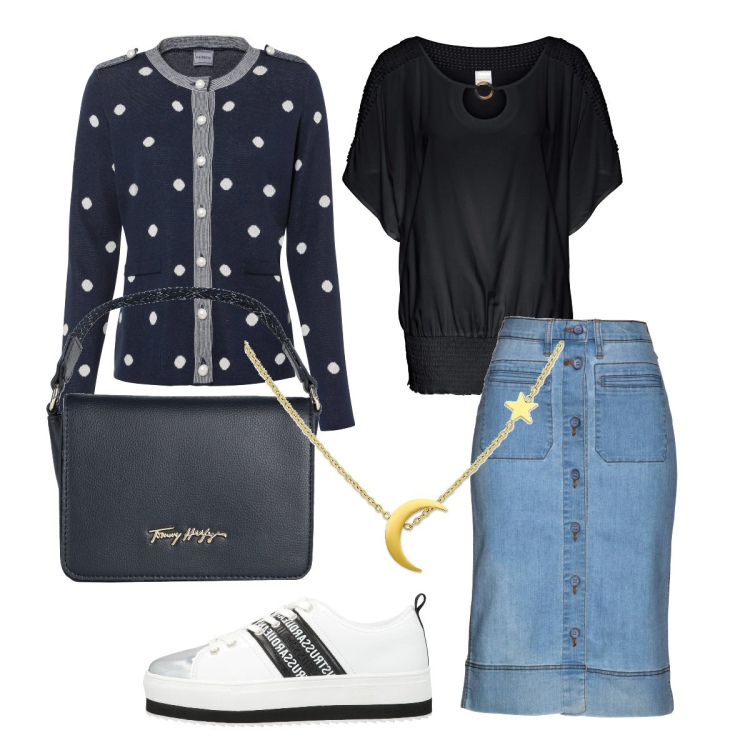 Outfit donna - Total look #1590261. Stile Basic per Tutti i giorni. Abbinamento con gonne, bluse, cardigans, sneakers, borse a mano, collane.