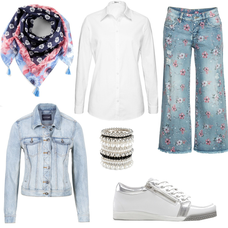 Outfit donna - Romantica in jeans. Stile Romantica per Tutti i giorni. Abbinamento con camicie, braccialetti, jeans, sneakers, giacche sportive, foulard.