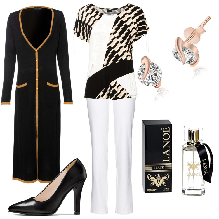 Outfit donna - Cardigan nero. Stile Casual chic per Tutti i giorni. Abbinamento con pantaloni, cardigans, maglieria, décolleté, orecchini, profumi.