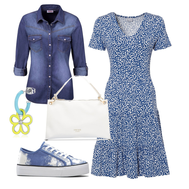 Outfit donna - In città. Stile Casual per Tutti i giorni. Abbinamento con camicie, vestiti, sneakers, orecchini, borse a mano.