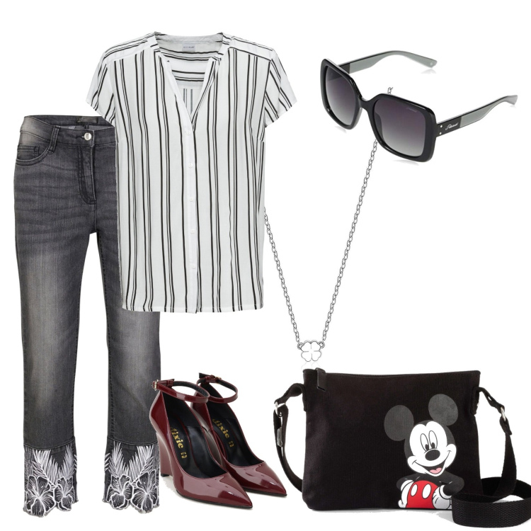Outfit donna - Righe. Stile Basic per Tutti i giorni. Abbinamento con camicie a manica corta, jeans, borse a tracolla, collane, décolleté, occhiali da sole.