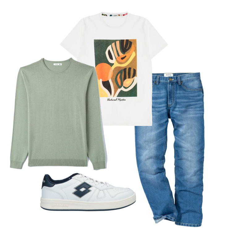 Outfit uomo - Con la felpa sulle spalle. Stile Casual per Tutti i giorni. Abbinamento con jeans dritti, sneakers, pullovers, t-shirt.