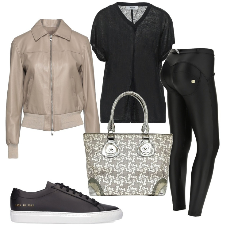 Outfit donna - Total look #1590518. Stile Trendy per Tutti i giorni. Abbinamento con giacche, t-shirt, borse a spalla, pantaloni skinny, sneakers.