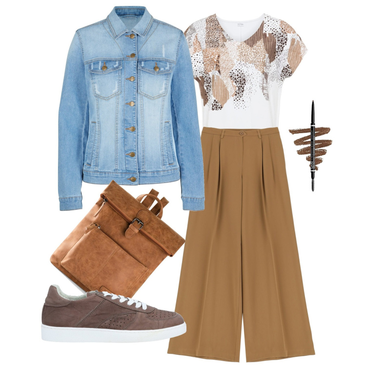 Outfit donna - In comodità. Stile Basic per Scuola/Università. Abbinamento con zaini, blazer, maglieria, sneakers, pantaloni, matite sopracciglia.