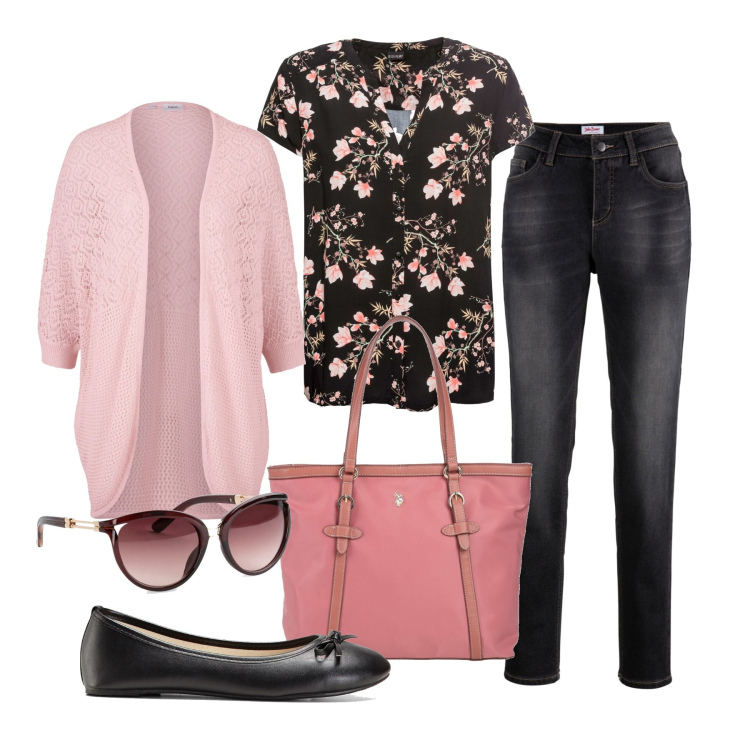 Outfit donna - Sakura. Stile Casual chic per Tutti i giorni. Abbinamento con camicie a manica corta, ballerine, occhiali da sole, cardigans, jeans boyfriend, borse a mano.