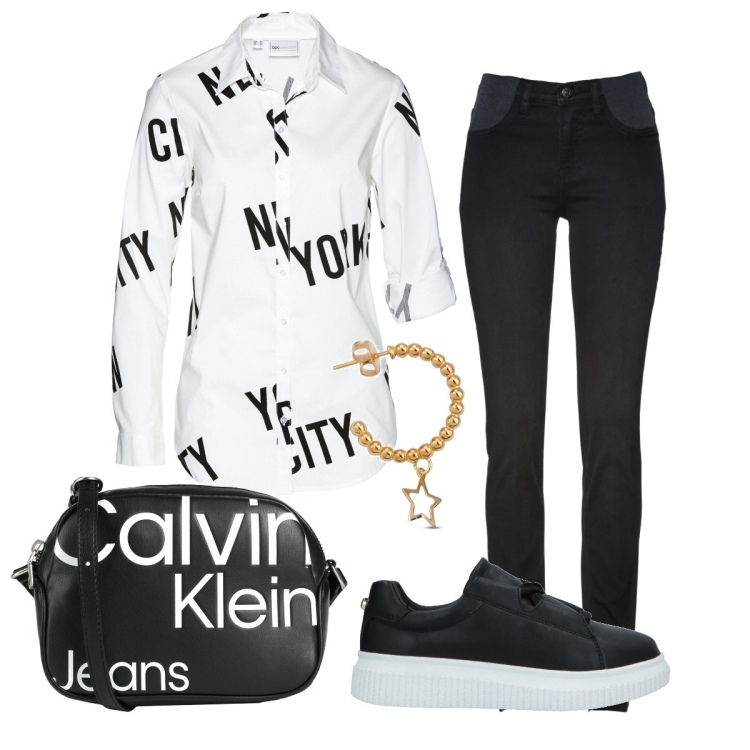 Outfit donna - Total look #1590594. Stile Casual per Tutti i giorni. Abbinamento con jeans skinny, camicie, sneakers, borse a tracolla, orecchini.