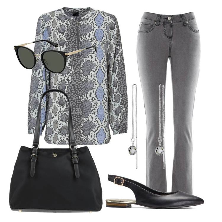 Outfit donna - Total look #1590596. Stile Urban per Ufficio. Abbinamento con jeans slim fit, ballerine, bluse, borse a mano, orecchini, occhiali da sole.