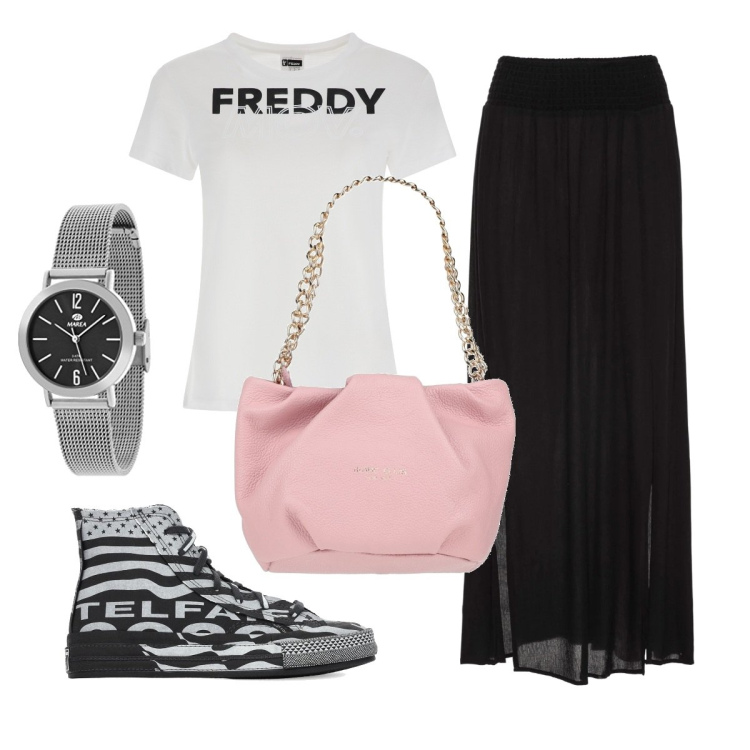Outfit donna - Total look #1590606. Stile Urban per Tutti i giorni. Abbinamento con gonne lunghe, borse a mano, t-shirt, sneakers, orologi.