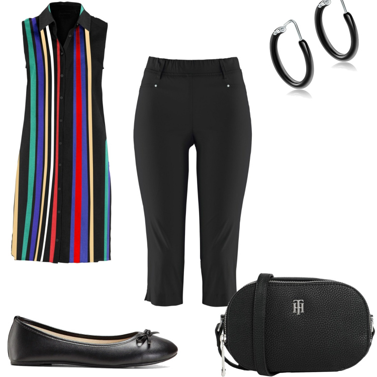 Outfit donna - Camicetta lunga in libertà. Stile Trendy per Tutti i giorni. Abbinamento con pantaloni, ballerine, camicie, borse a tracolla, orecchini.