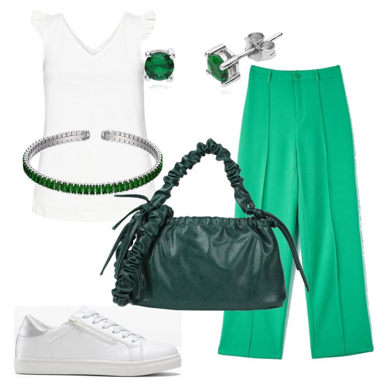 Outfit donna - Trendy di giorno. Stile Trendy per Tutti i giorni. Abbinamento con top, sneakers, borse a mano, pantaloni, braccialetti, orecchini.