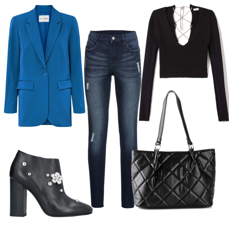 Outfit donna - Casual chic #9457. Stile Casual chic per Serata fuori. Abbinamento con jeans strappati, blazer, borse a mano, stivaletti, maglieria.