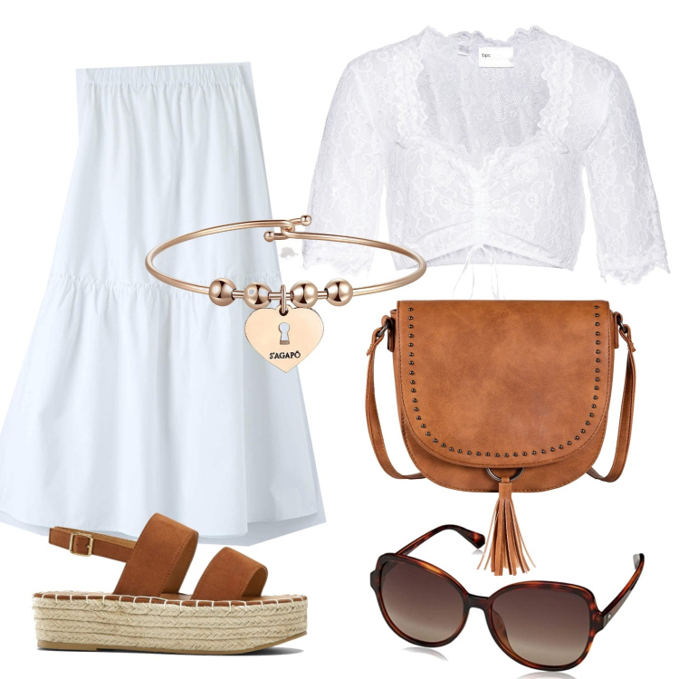 Outfit donna - Bianco e tabacco. Stile Boho per Tutti i giorni. Abbinamento con camicie, borse a tracolla, sandali, braccialetti, gonne lunghe, occhiali da sole.