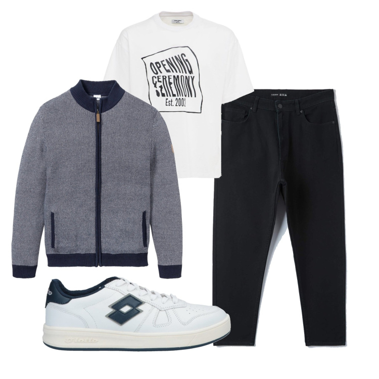 Outfit uomo - Opening. Stile Urban per Tutti i giorni. Abbinamento con cardigans, sneakers, pantaloni, t-shirt.