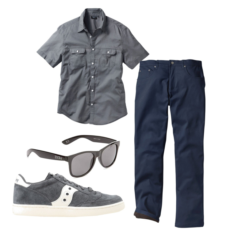 Outfit uomo - Morbido. Stile Urban per Tutti i giorni. Abbinamento con pantaloni, camicie a manica corta, sneakers, occhiali da sole.