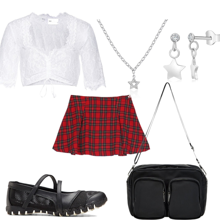 Outfit donna - Minigonna e top. Stile Trendy per Tutti i giorni. Abbinamento con camicie, ballerine, minigonne, ciondoli, orecchini, borse a tracolla.