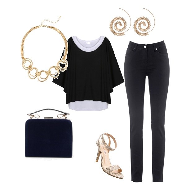 Outfit donna - Giorno Minimal. Stile Basic Abbinamento con jeans dritti, sandali, pantaloni, tunica, orecchini oro, clutch con manico effetto vernice a scatto in velluto.