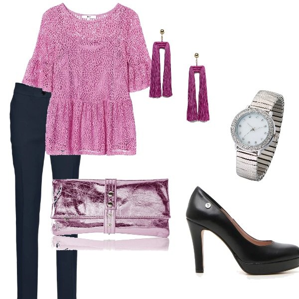 Outfit donna - Bon Ton #10718. Stile Bon Ton per Serata fuori. Abbinamento con pantaloni, orologio con cinturino argento, camicia con pizzo e scollo a maniche corte rosa, décolleté, orecchini pendenti farfalla in denim con nappine oro, pochette rosa.