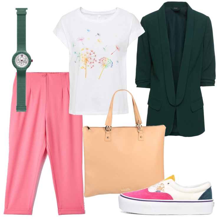 Outfit donna - W i colori. Stile Urban per Tutti i giorni. Abbinamento con t-shirt, blazer, borse a mano, pantaloni chino, orologi, sneakers.