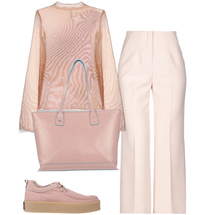 Outfit donna - In rosa. Stile Casual chic per Tutti i giorni. Abbinamento con pantaloni, scarpe stringate, borse a mano, maglieria.