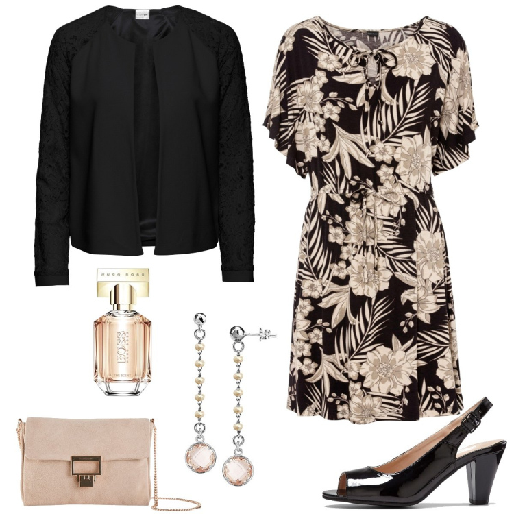 Outfit donna - Pranzo di Pasqua. Stile Romantica per Tutti i giorni. Abbinamento con blazer, vestiti, décolleté, pochette, orecchini, profumi.