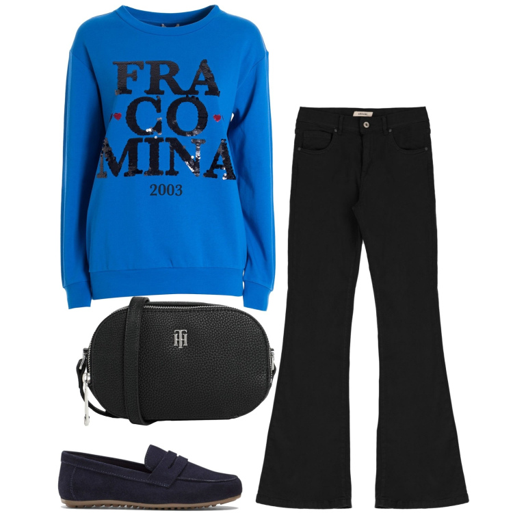 Outfit donna - Fracomina. Stile Casual per Tutti i giorni. Abbinamento con mocassini, borse a tracolla, felpe, pantaloni.