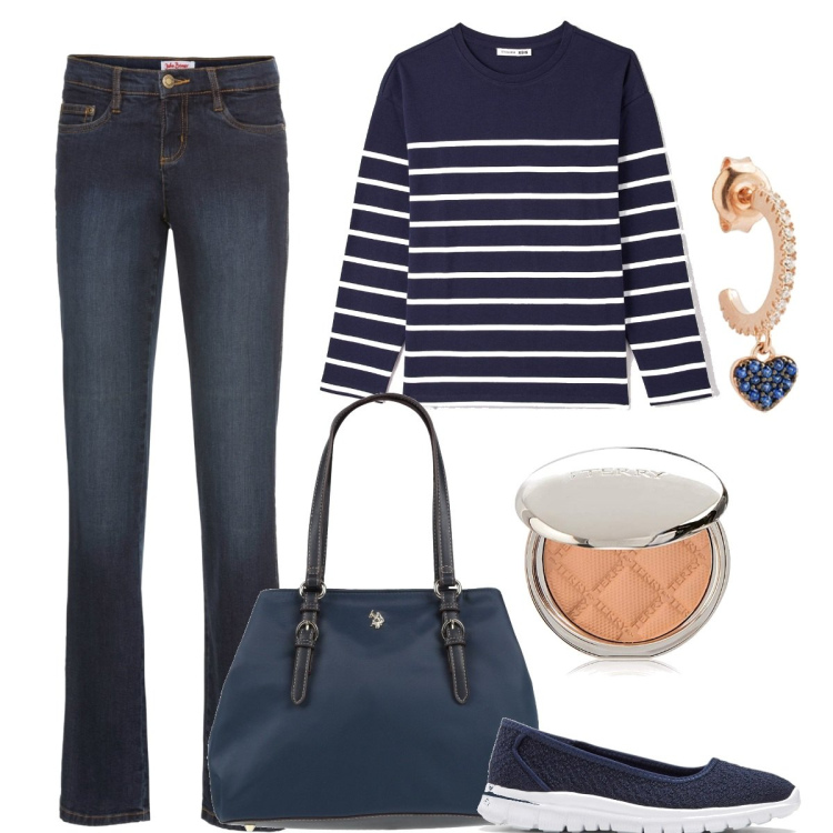 Outfit donna - Basic #6101. Stile Basic per Tutti i giorni. Abbinamento con jeans bootcut, ballerine, borse a mano, t-shirt, orecchini, ciprie.