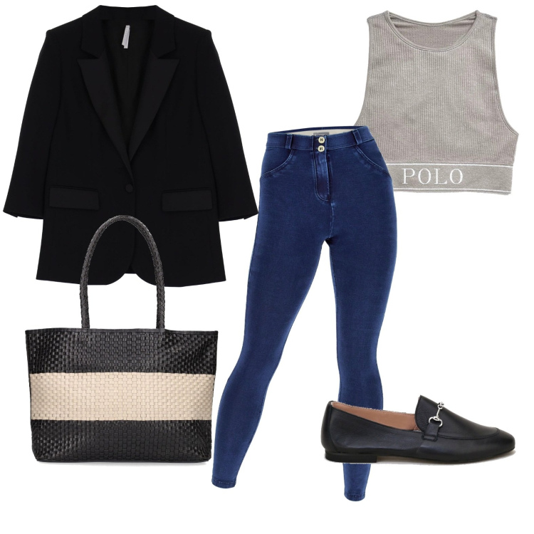 Outfit donna - Il blazer nero. Stile Casual chic per Tutti i giorni. Abbinamento con giacche, mocassini, jeggings, canottiere, shopping bag.