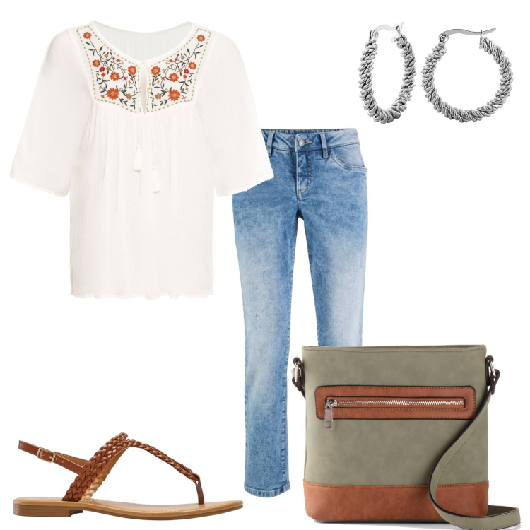 Outfit donna - Vagamente anni 70. Stile 70s per Tutti i giorni. Abbinamento con tuniche, jeans dritti, borse a tracolla, ciabatte, orecchini.