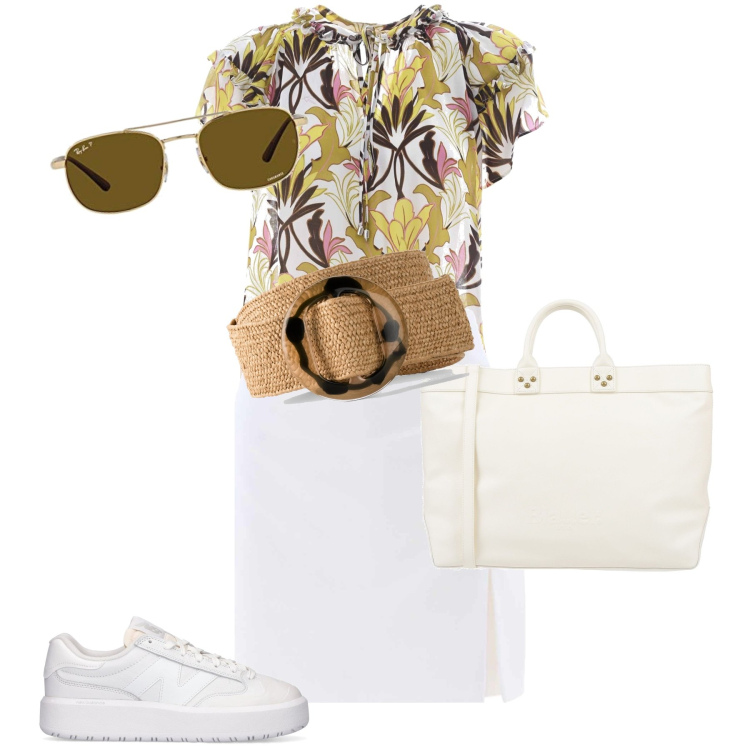Outfit donna - Una passeggiata. Stile Sporty chic per Tutti i giorni. Abbinamento con cinture, borse a mano, bluse, minigonne, sneakers, occhiali da sole.