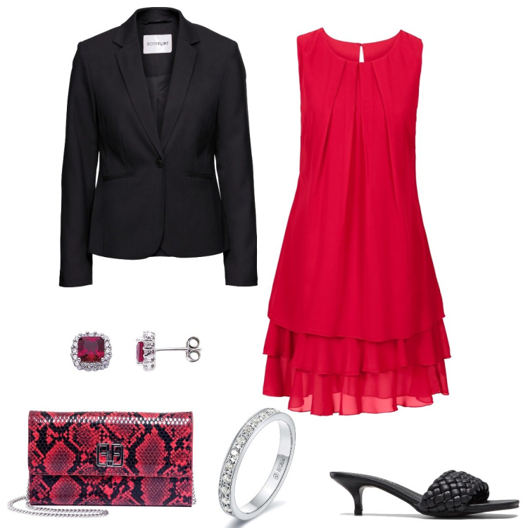 Outfit donna - Serata fuori. Stile Chic per Serata fuori. Abbinamento con blazer, vestiti, ciabatte, pochette, anelli, orecchini.