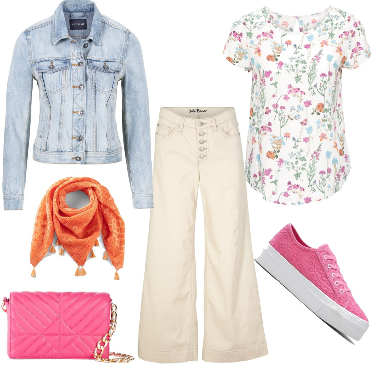 Outfit donna - Fiorielliamo. Stile Casual per Scuola/Università. Abbinamento con bluse, jeans, sneakers, giacche sportive, borse a mano, foulard.