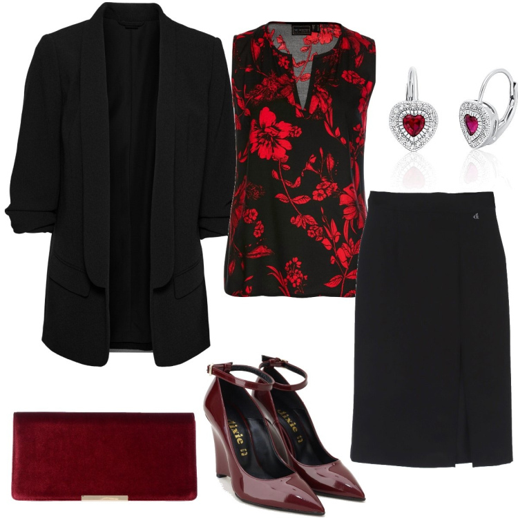 Outfit donna - Cena elegante. Stile Chic per Serata fuori. Abbinamento con blazer, top, borse a mano, orecchini, gonne longuette, décolleté.