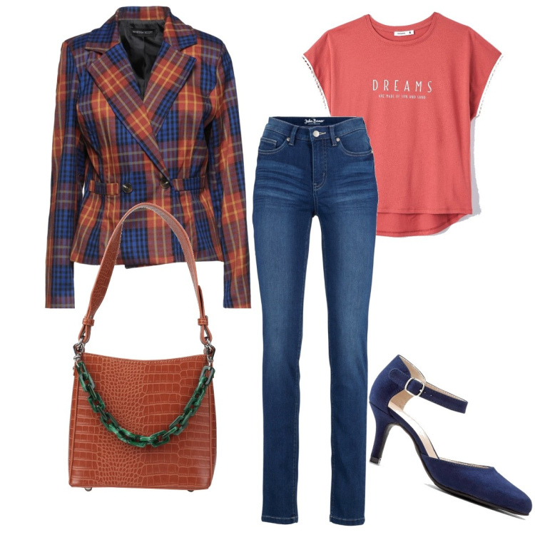 Outfit donna - Il blazer a quadri. Stile Casual chic per Ufficio. Abbinamento con décolleté, jeans slim fit, blazer, borse a mano, t-shirt.